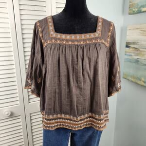 Lucky Brand Gray Embroidered Top Medium Short Sleeve Boho Festival Peasant